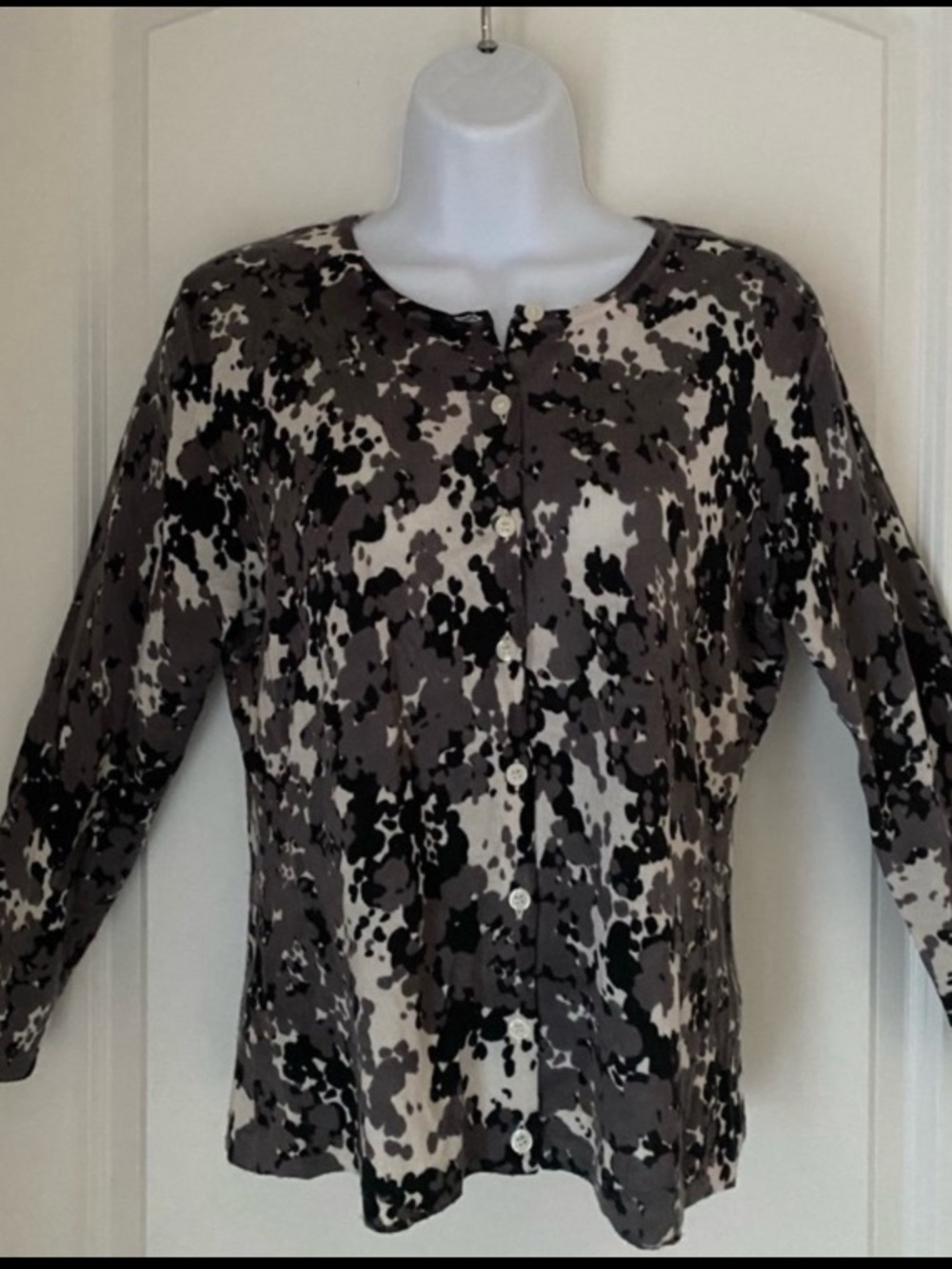 Garnet Hill Merino Wool 3/4 Sleeve Cardigan Abstract Preppy Office Transitional